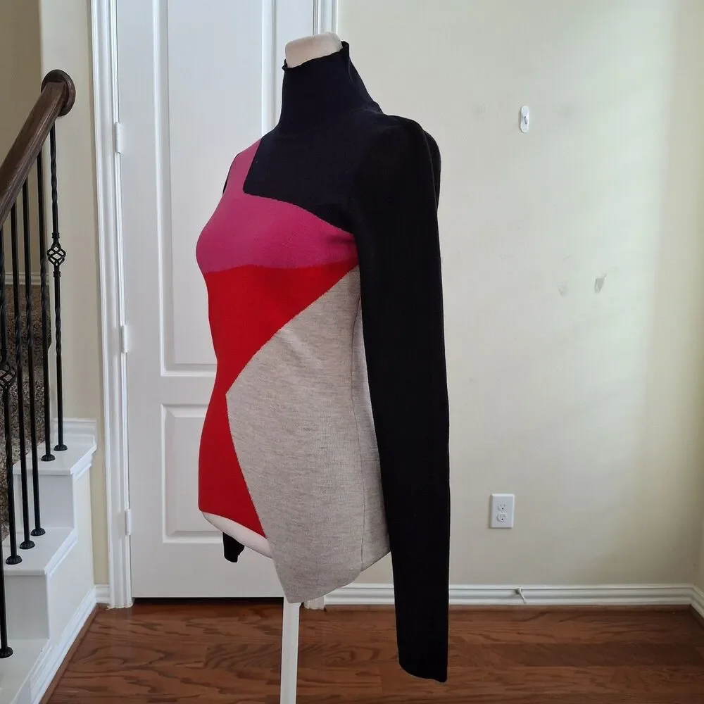 Diane von Furstenberg Colorblock Turtleneck Knit Sweater Women XS Fit Asymmetric